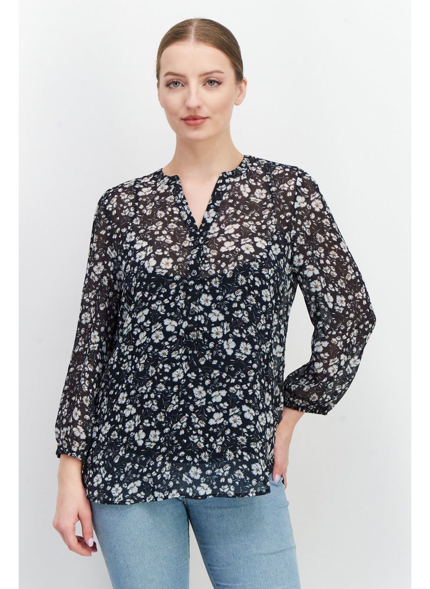 Women Split Neck Long Sleeve Flora Print Blouse Top, Navy Combo