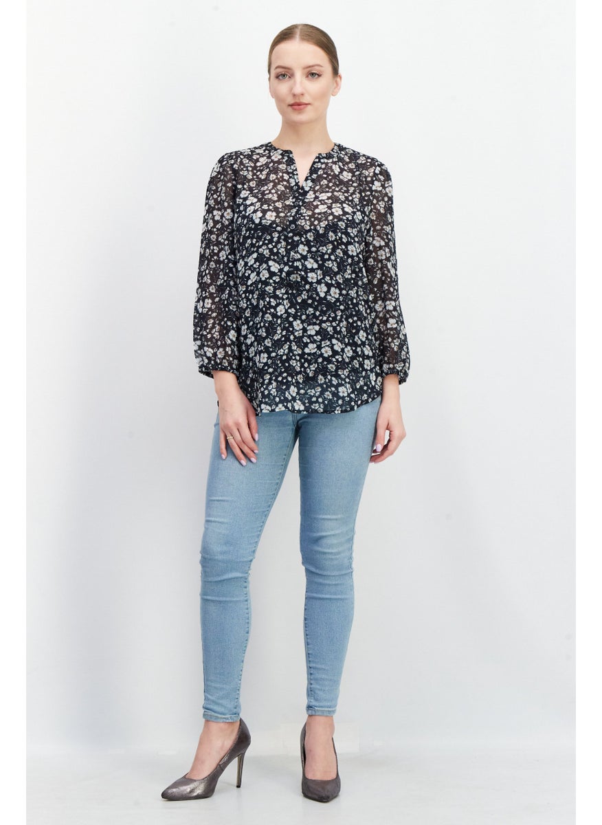 Women Split Neck Long Sleeve Flora Print Blouse Top, Navy Combo