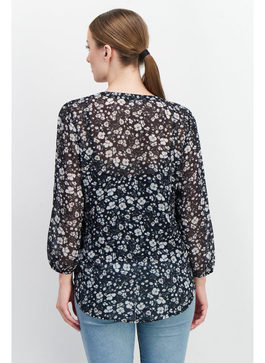 Women Split Neck Long Sleeve Flora Print Blouse Top, Navy Combo