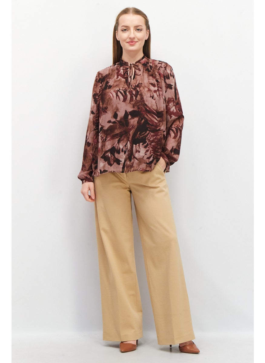 Women Tie Neck Long Sleeves Floral Print Blouse Top, Brown Combo