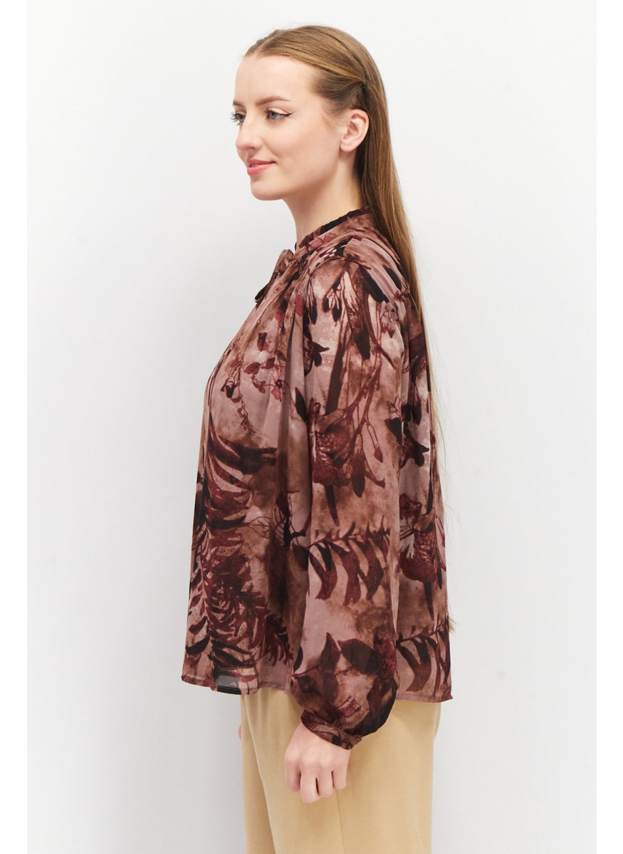 Women Tie Neck Long Sleeves Floral Print Blouse Top, Brown Combo