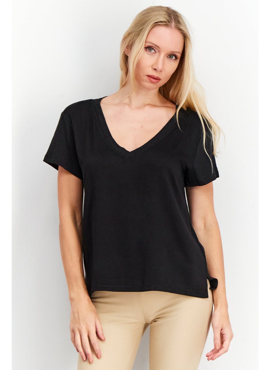 Women V Neck Short Sleeves Plain Top, Black