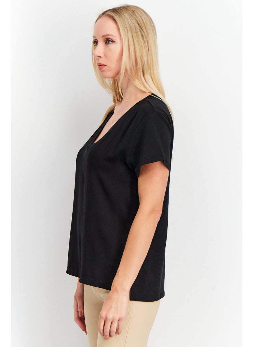 Women V Neck Short Sleeves Plain Top, Black