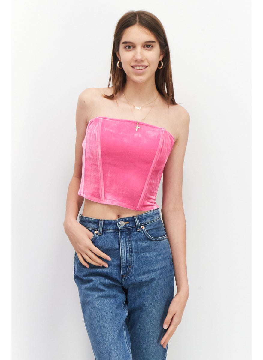 Women Straight Across Sleeveless Plain Corset Crop Top, Pink