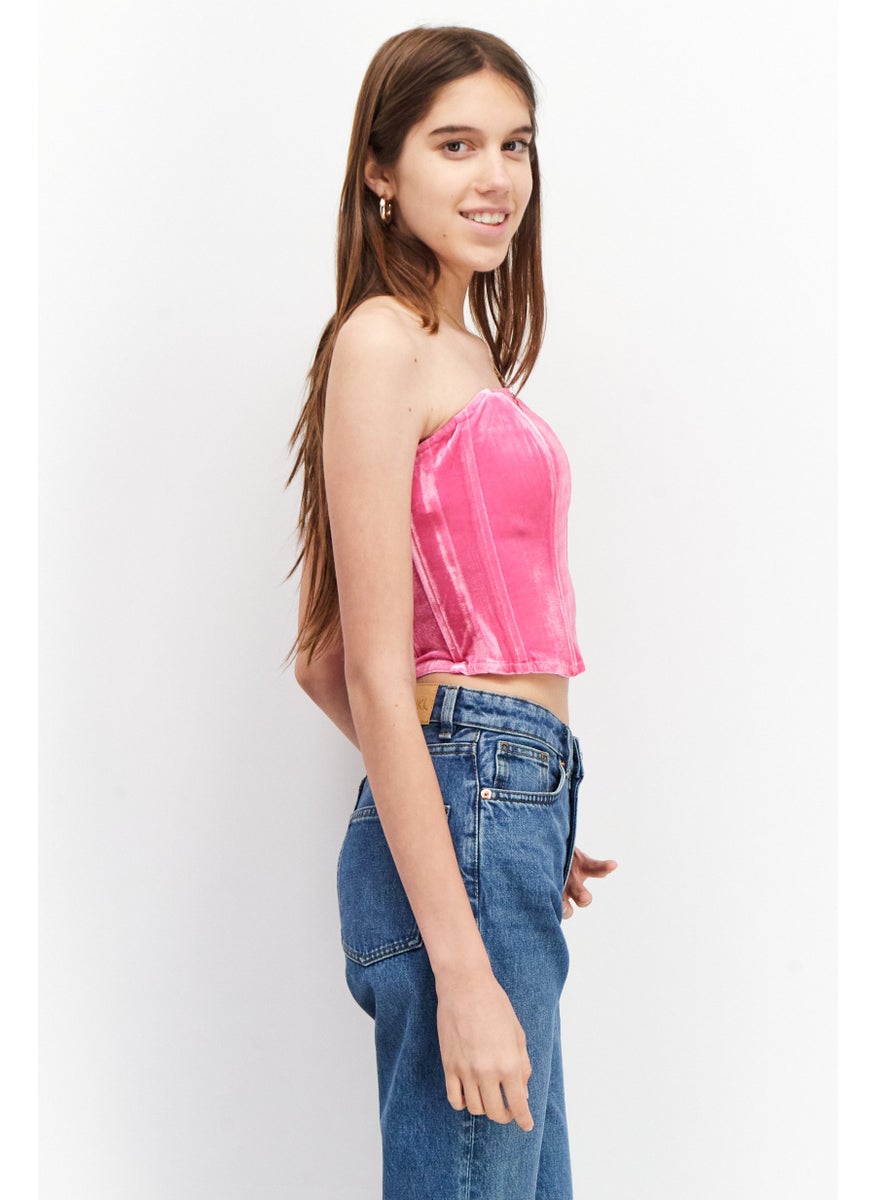 Women Straight Across Sleeveless Plain Corset Crop Top, Pink