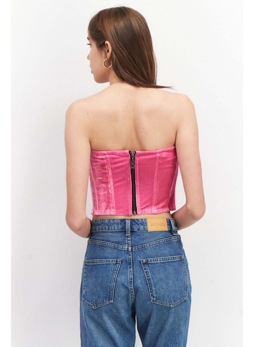 Women Straight Across Sleeveless Plain Corset Crop Top, Pink