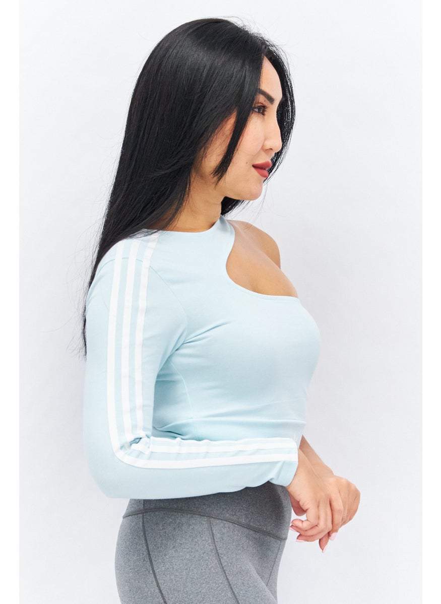 Women Sportswear Fit One Shoulder Sleeve Crop Top, Mint