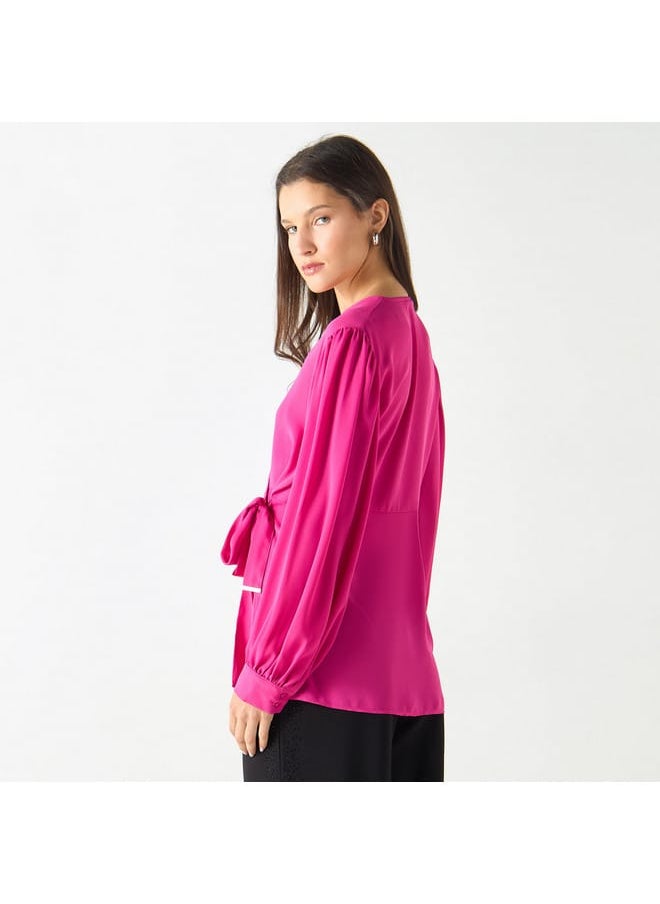 Iconic Solid V-neck Top with Tie-Ups and Long Sleeves