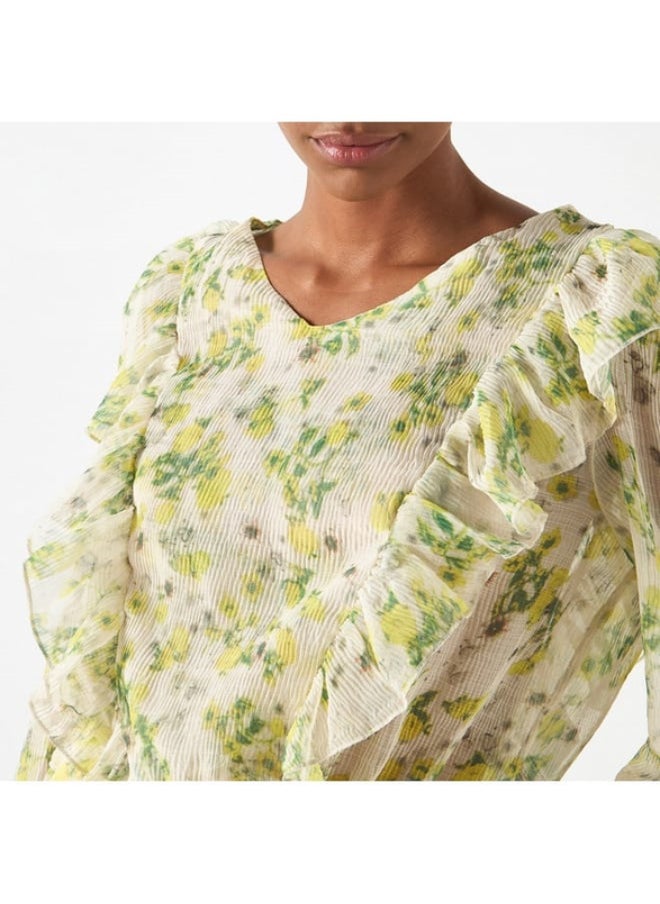 2Xtremz All-Over Floral Print Top with V-neck and Ruffle Detail