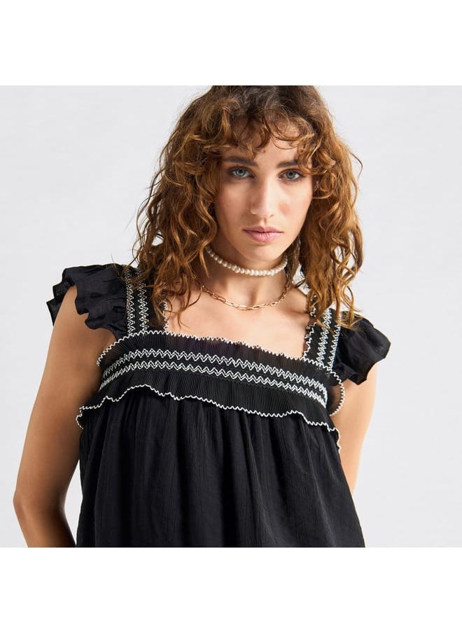 Textured Square Neck Top with Cap Sleeves and Ruffle Detail