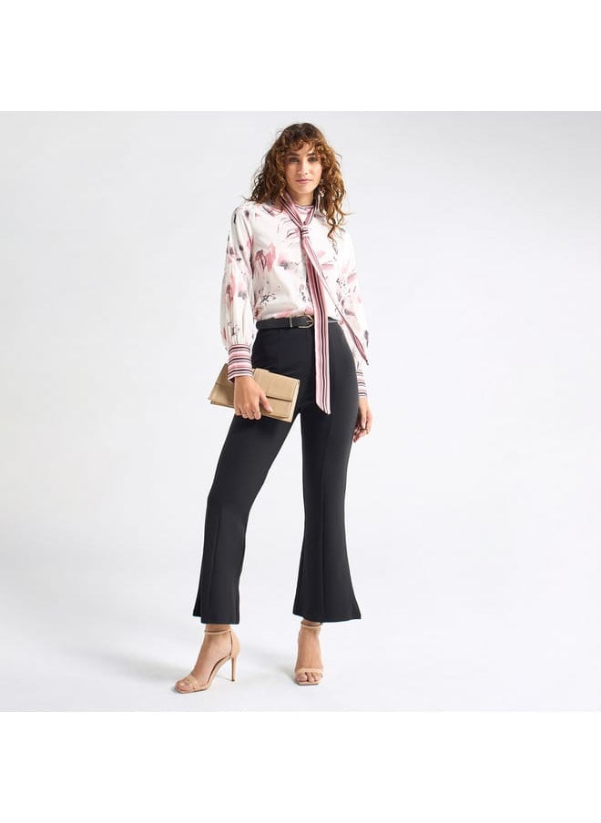 All-Over Floral Print Top with Mandarin Collar and Long Sleeves