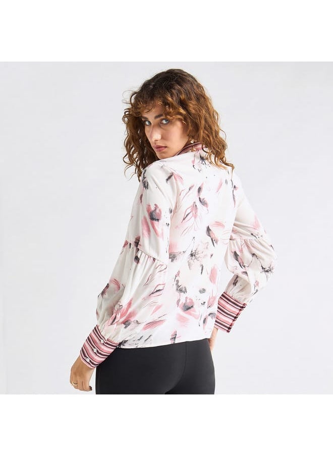 All-Over Floral Print Top with Mandarin Collar and Long Sleeves