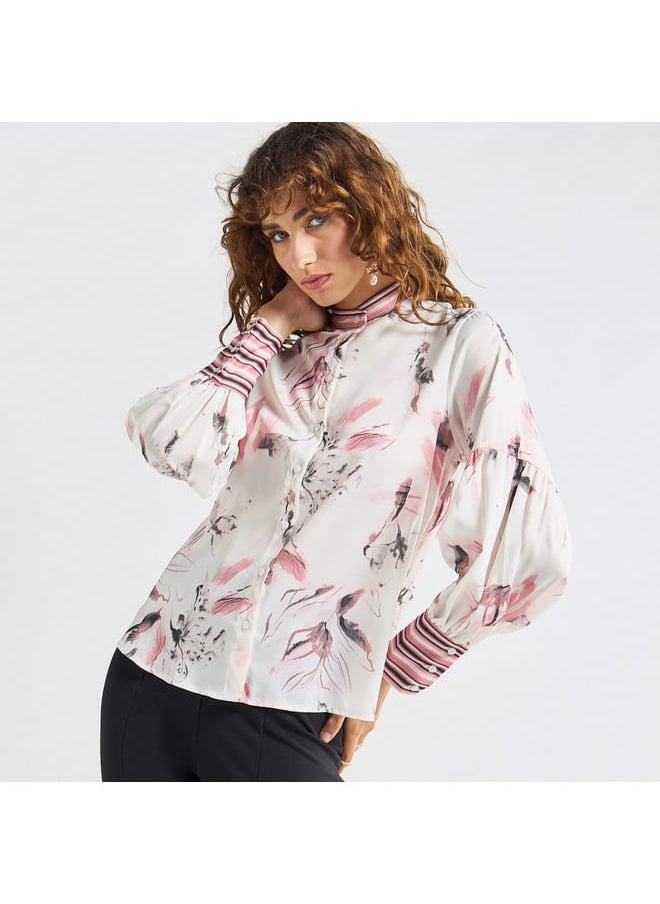 All-Over Floral Print Top with Mandarin Collar and Long Sleeves