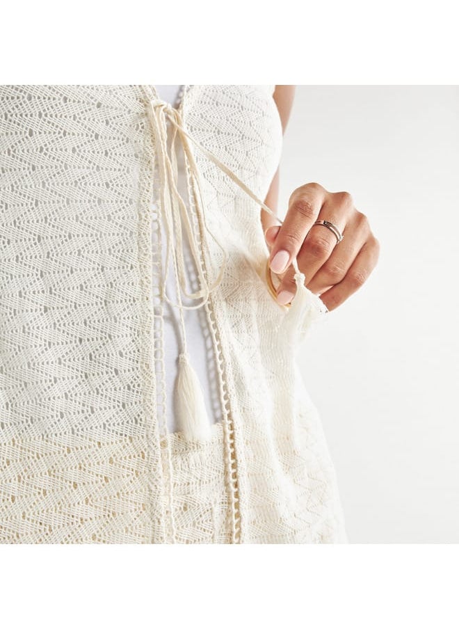 Knit Textured Sleeveless Kimono with Tie-Up Detail