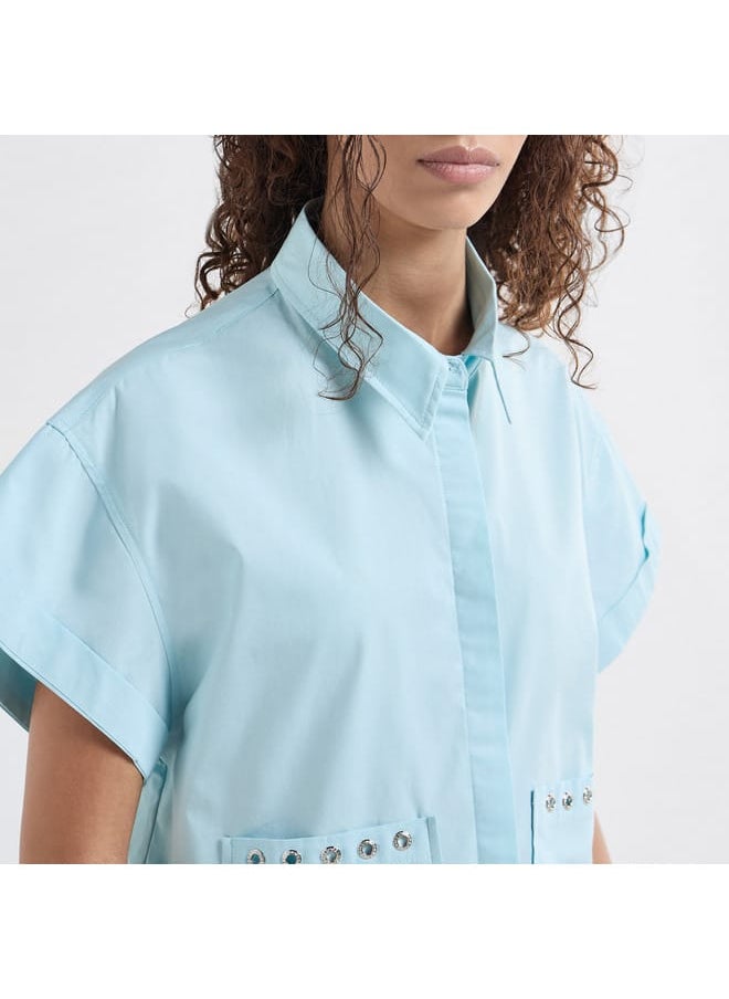 Solid Drop Shoulder Sleeves Shirt with Pockets and Concealed Button Placket