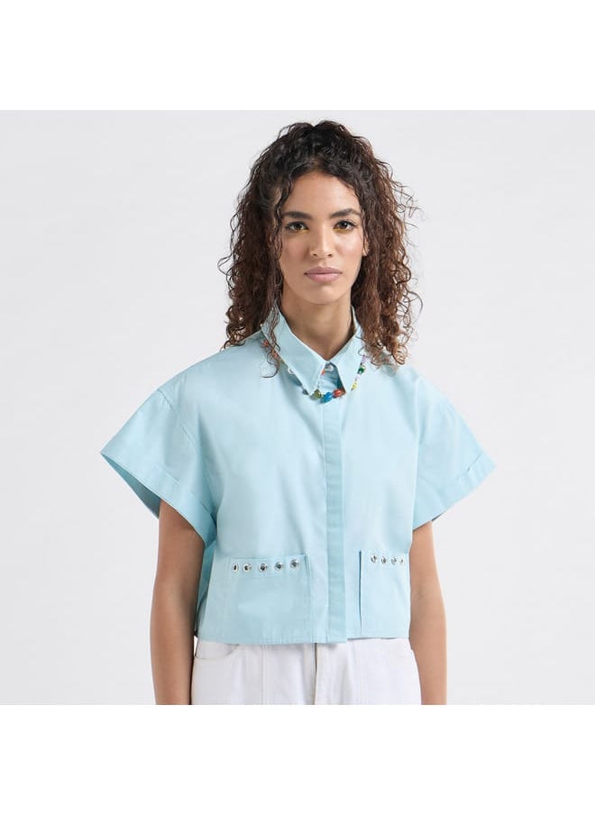 Solid Drop Shoulder Sleeves Shirt with Pockets and Concealed Button Placket