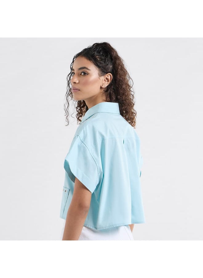 Solid Drop Shoulder Sleeves Shirt with Pockets and Concealed Button Placket