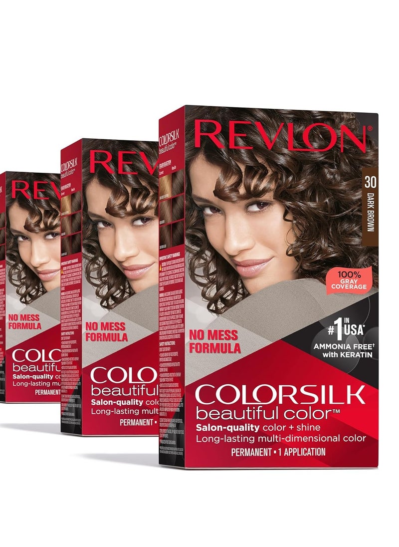 Permanent Hair Color by Revlon, Permanent Brown Hair Dye, Colorsilk with 100% Gray Coverage, Ammonia-Free, Keratin and Amino Acids, Brown Shades, 30 Dark Brown (Pack of 3)