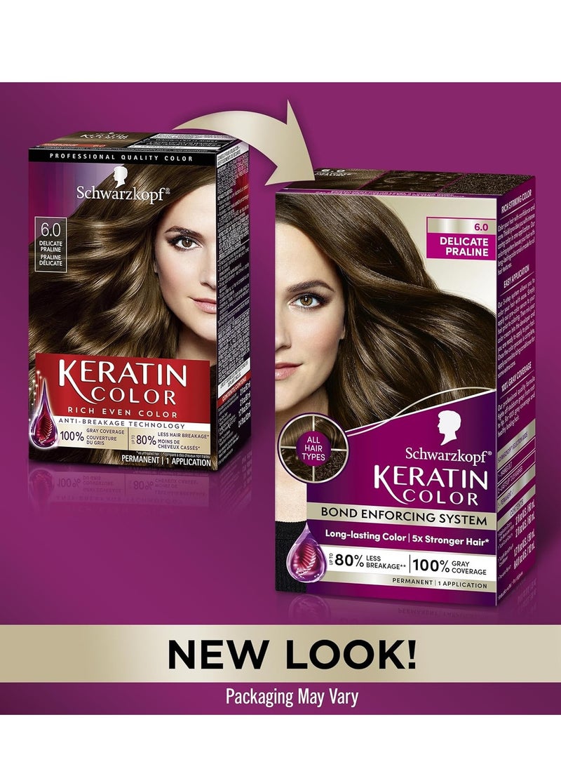 Schwarzkopf Keratin Color Permanent Hair Color, 6.0 Delicate Praline,1 Application-Professionally Inspired Permanent Hair Dye,for up to 80% Less Breakage vs Untreated Hair and up to 100% Gray Coverage