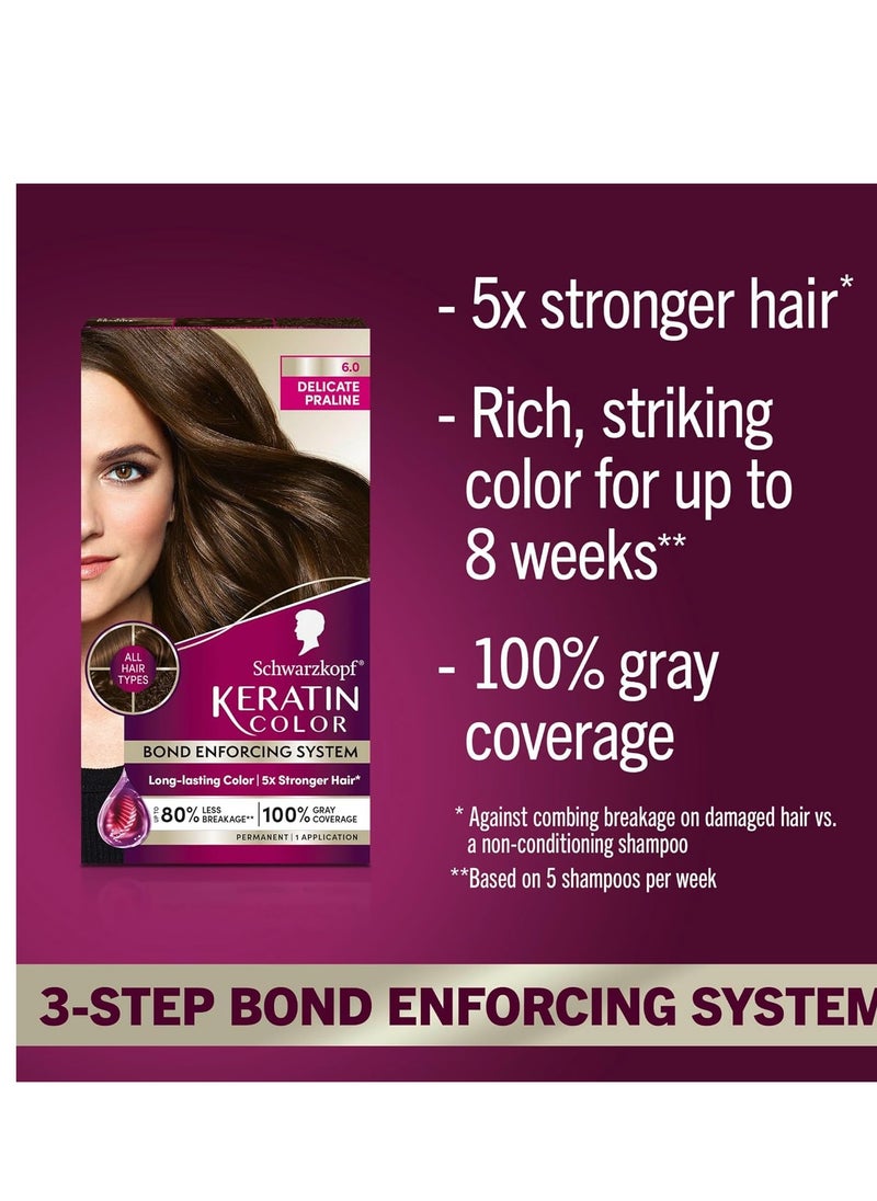 Schwarzkopf Keratin Color Permanent Hair Color, 6.0 Delicate Praline,1 Application-Professionally Inspired Permanent Hair Dye,for up to 80% Less Breakage vs Untreated Hair and up to 100% Gray Coverage