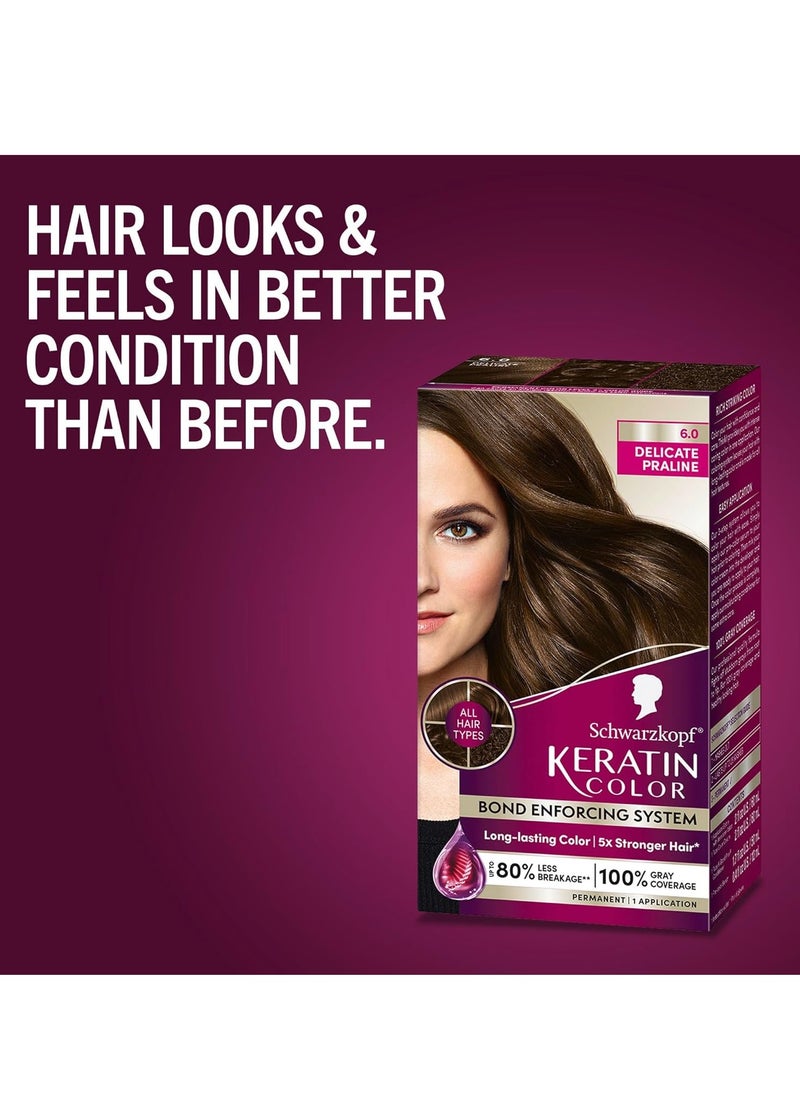 Schwarzkopf Keratin Color Permanent Hair Color, 6.0 Delicate Praline,1 Application-Professionally Inspired Permanent Hair Dye,for up to 80% Less Breakage vs Untreated Hair and up to 100% Gray Coverage