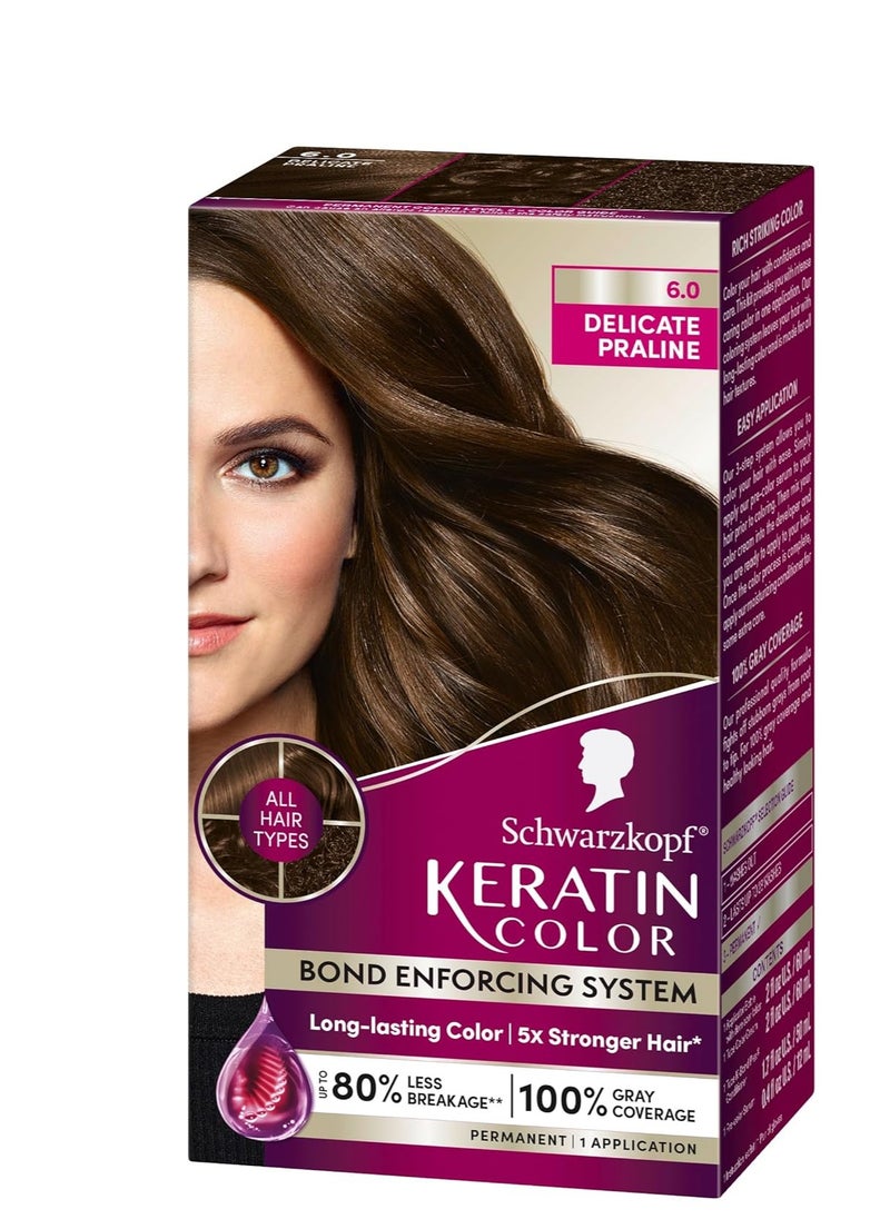 Schwarzkopf Keratin Color Permanent Hair Color, 6.0 Delicate Praline,1 Application-Professionally Inspired Permanent Hair Dye,for up to 80% Less Breakage vs Untreated Hair and up to 100% Gray Coverage