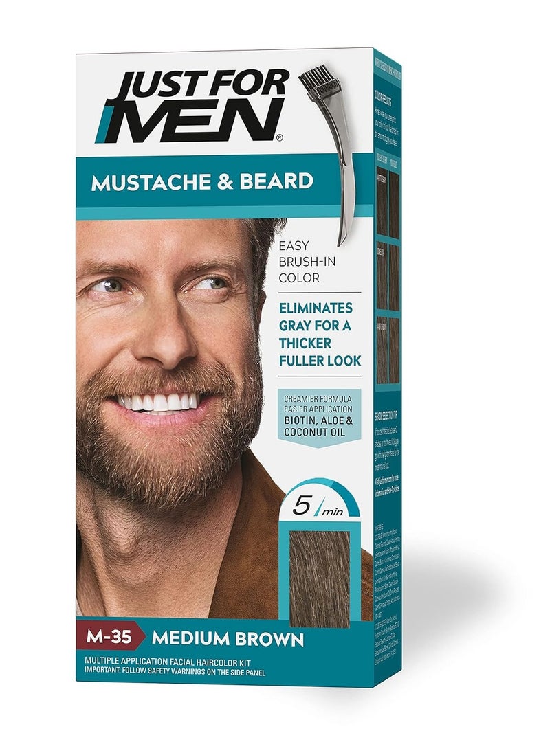 Just For Men Mustache & Beard, Beard Dye for Men with Brush Included for Easy Application, With Biotin Aloe and Coconut Oil for Healthy Facial Hair - Medium Brown, M-35, Pack of 1