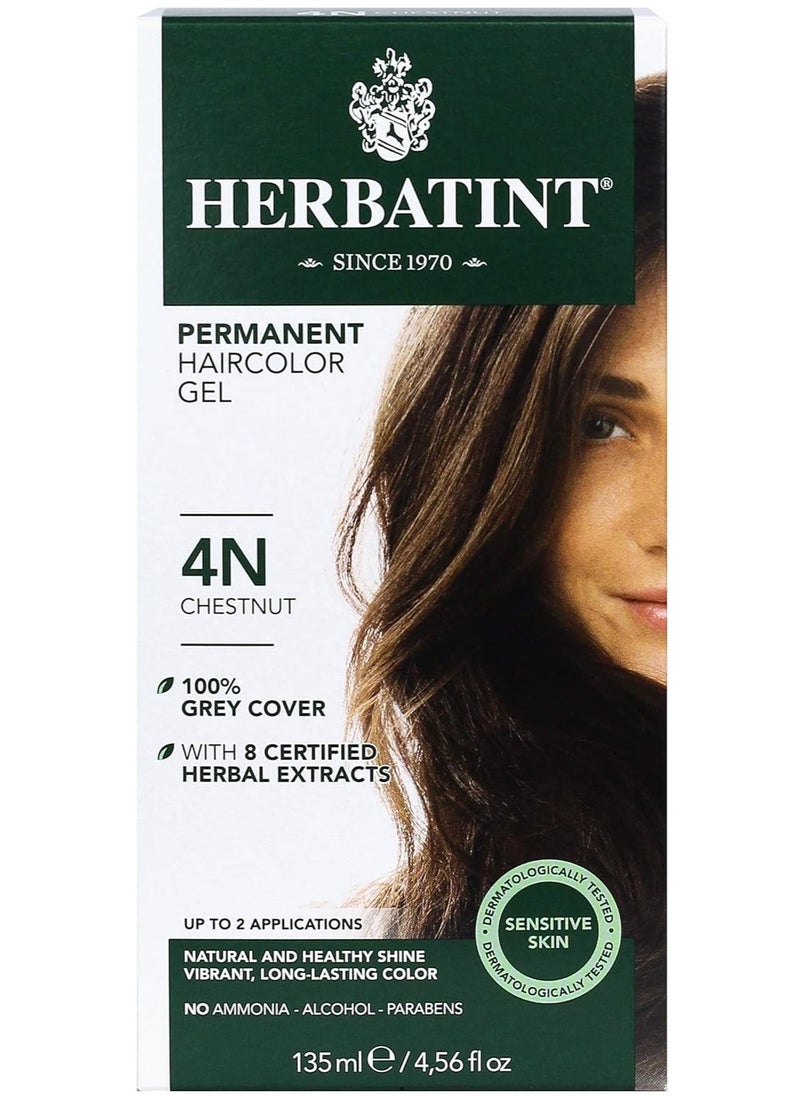 Herbatint Permanent Haircolor Gel, 4N Chestnut, Alcohol Free, Vegan, 100% Grey Coverage - 4.56 oz