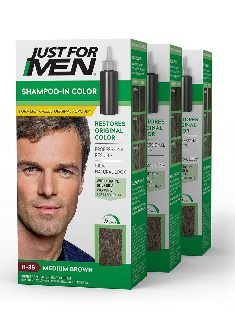 Just For Men Shampoo-In Color (Formerly Original Formula), Mens Hair Color with Keratin and Vitamin E for Stronger Hair - Medium Brown, H-35, Pack of 3