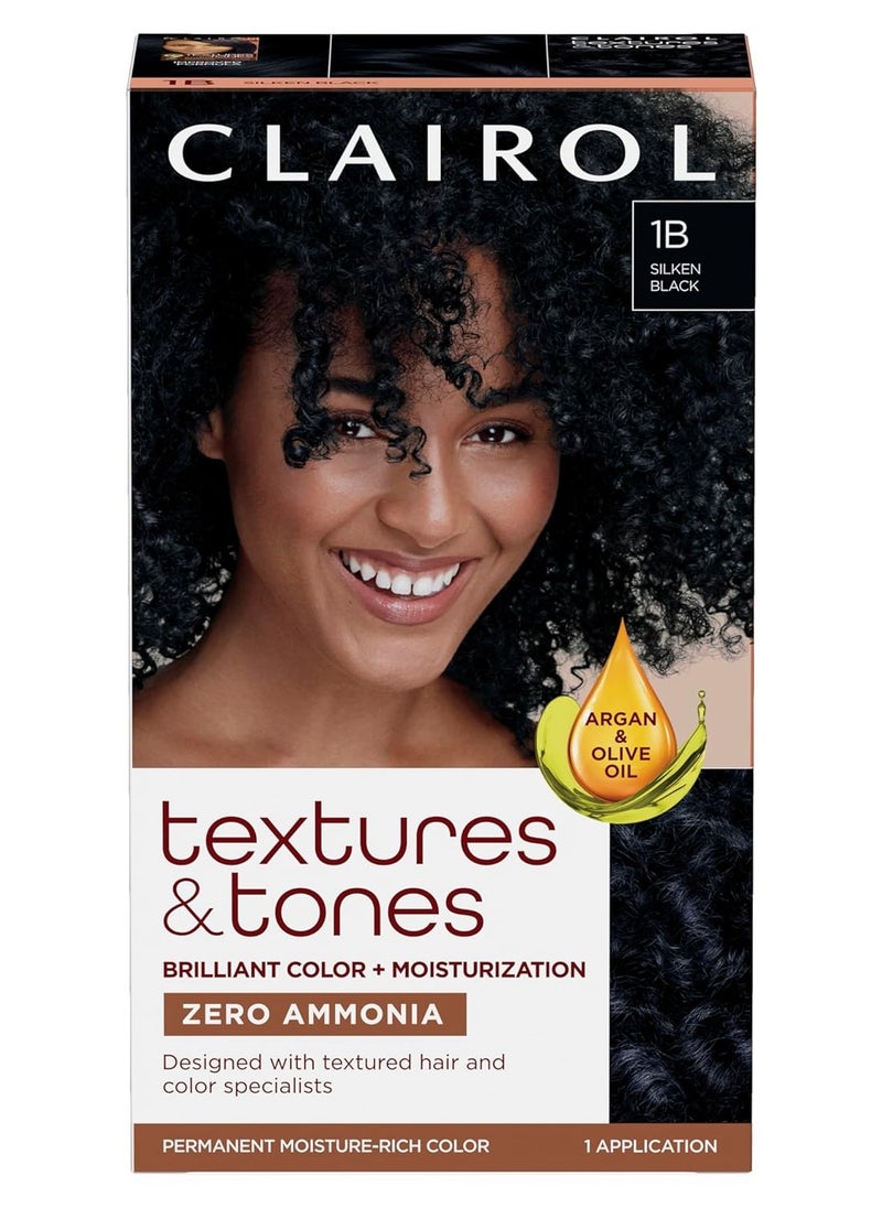 Clairol Textures & Tones Permanent Hair Dye, 1B Silken Black Hair Color, Pack of 1