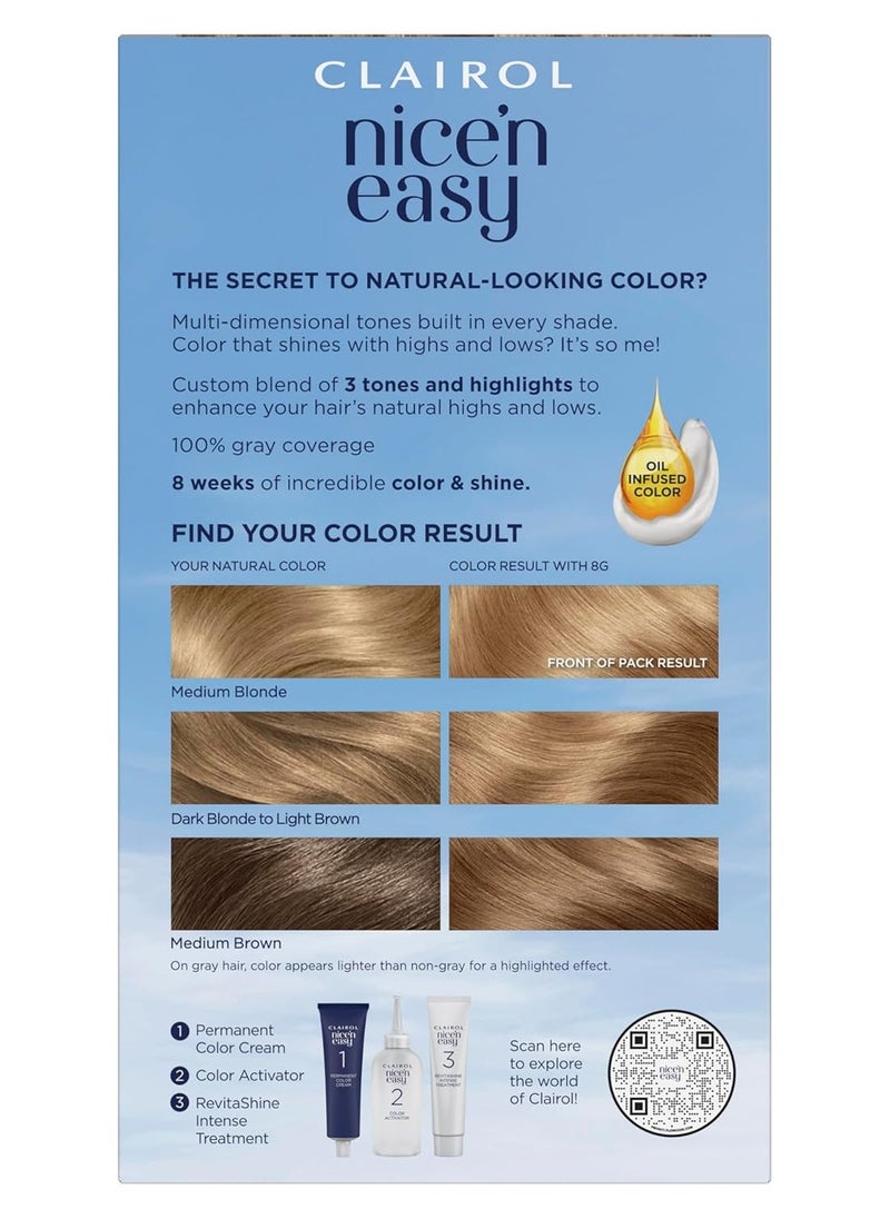 Clairol Nice'n Easy Permanent Hair Dye, 8G Medium Golden Blonde Hair Color, Pack of 1