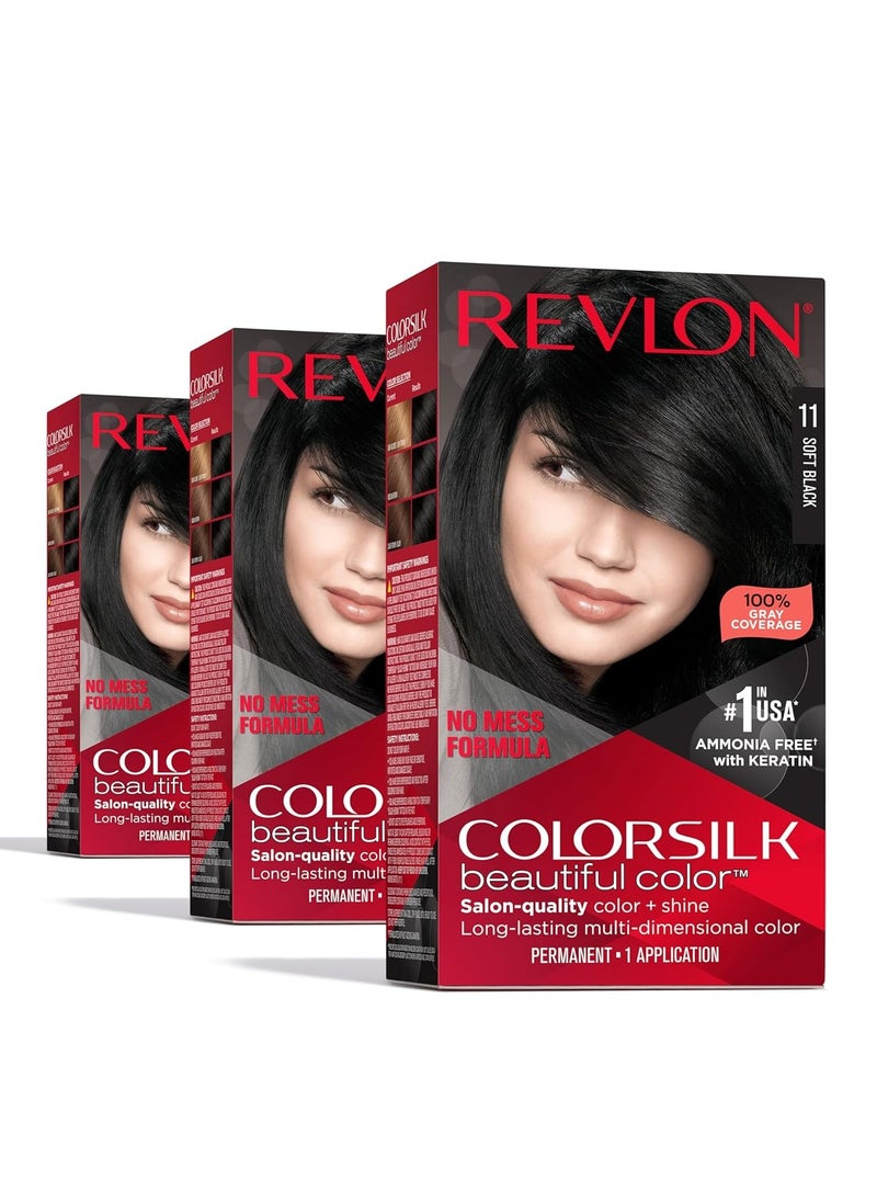 Permanent Hair Color by Revlon, Permanent Black Hair Dye, Colorsilk with 100% Gray Coverage, Ammonia-Free, Keratin and Amino Acids, Black Shades, 11 Soft Black (Pack of 3)