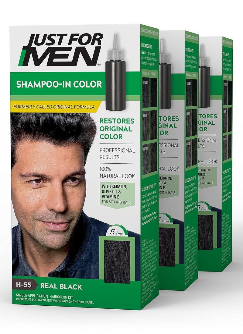 Just For Men Shampoo-In Color (Formerly Original Formula), Mens Hair Color with Keratin and Vitamin E for Stronger Hair - Real Black, H-55, Pack of 3