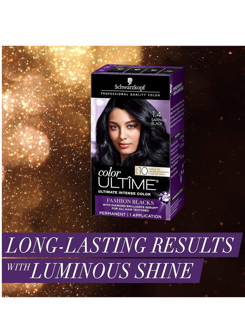 Schwarzkopf Color Ultime Hair Color, 1.4 Sapphire Black, 1 Application - Permanent Black Hair Dye for Vivid Color Intensity and Fade-Resistant Shine up to 10 Weeks