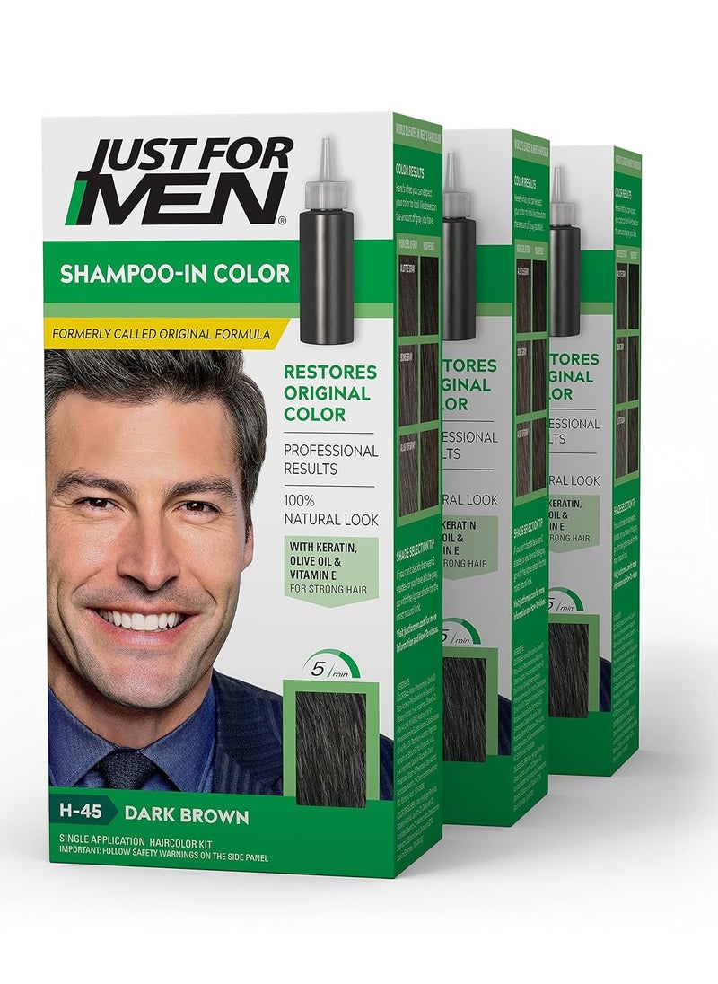 Just For Men Shampoo-In Color (Formerly Original Formula), Mens Hair Color with Keratin and Vitamin E for Stronger Hair - Dark Brown, H-45, Pack of 3