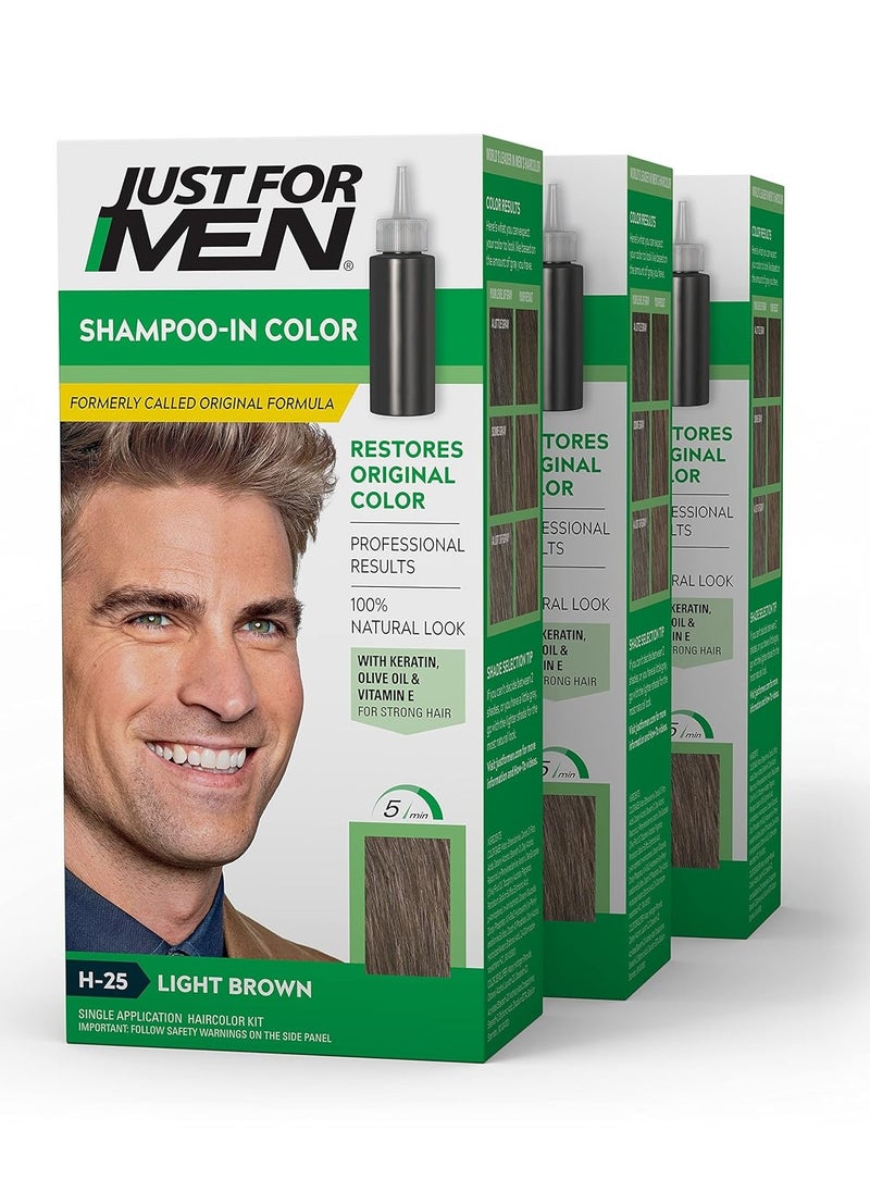 Just For Men Shampoo-In Color (Formerly Original Formula), Mens Hair Color with Keratin and Vitamin E for Stronger Hair - Light Brown, H-25, Pack of 3