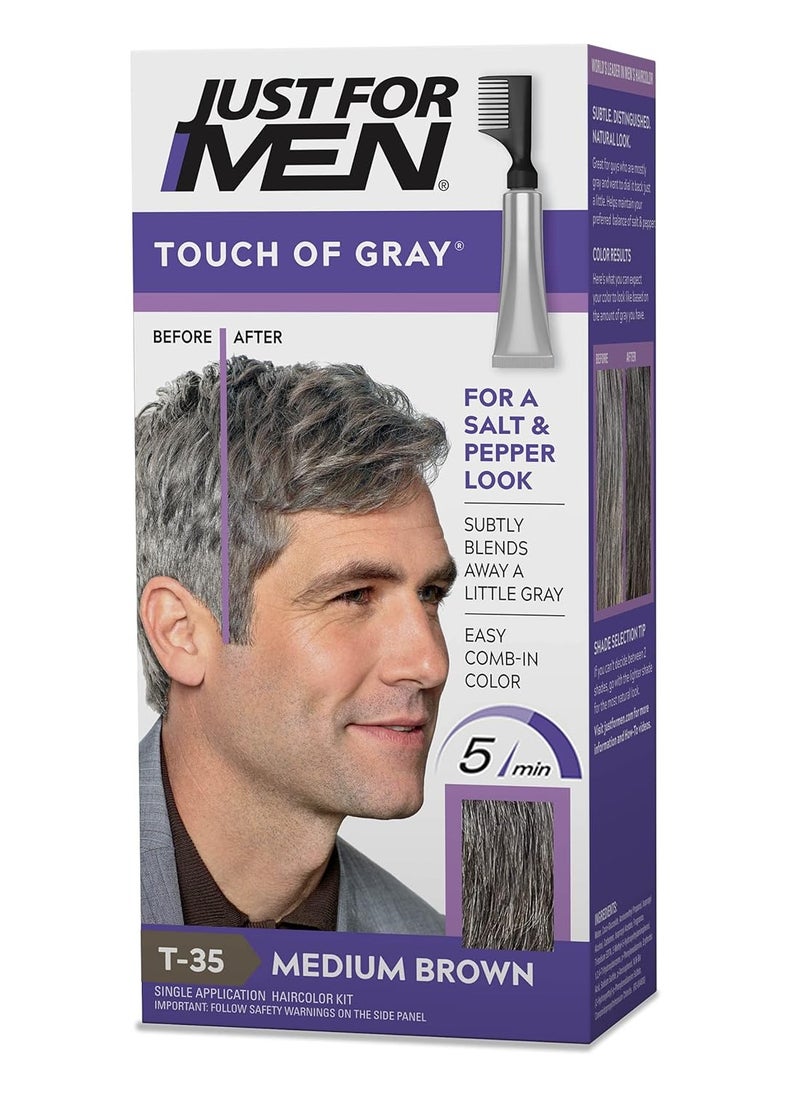 Just For Men Touch of Gray, Mens Hair Color Kit with Comb Applicator for Easy Application, Great for a Salt and Pepper Look - Medium Brown, T-35, Pack of 1