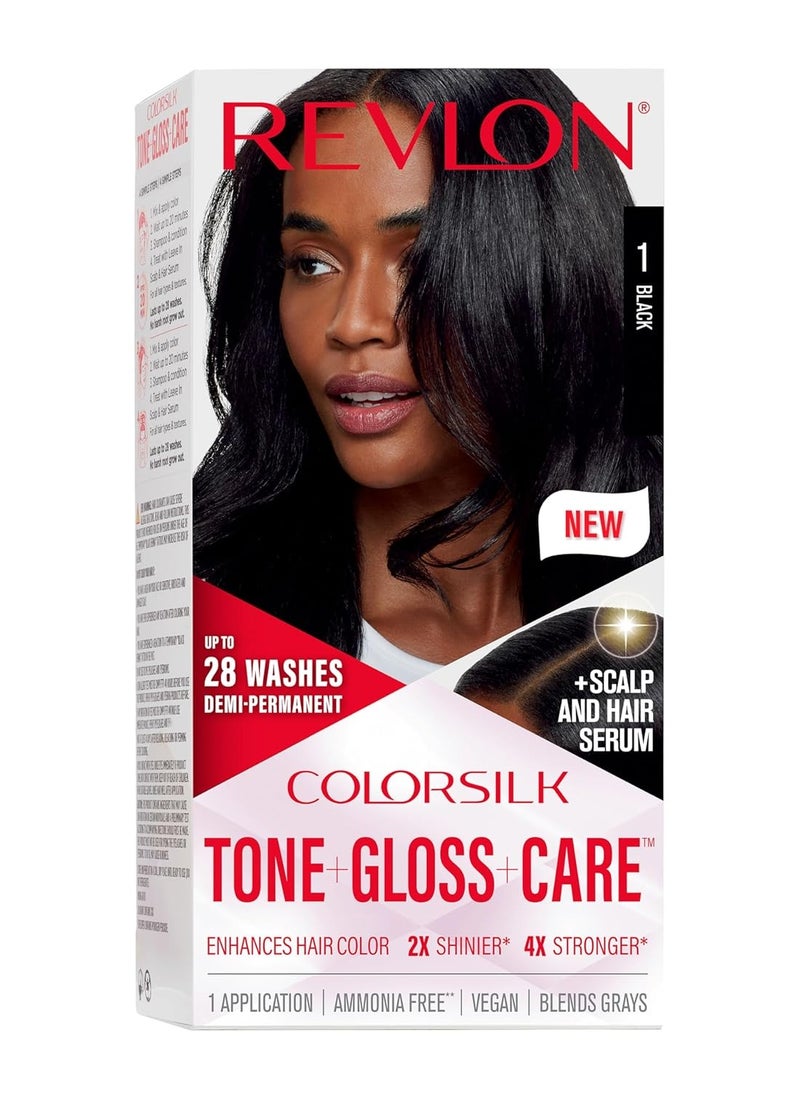 Revlon ColorSilk Tone + Gloss + Care Demi Permanent Hair Color, Hair Dye with Leave in Scalp and Hair Serum, 2x Shinier, 4x Stronger, 1 Black, 4.5 fl. Oz