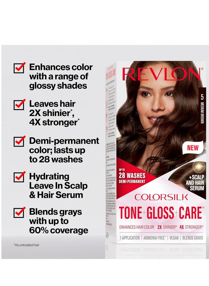 Revlon ColorSilk Tone + Gloss + Care Demi Permanent Hair Color, Hair Dye with Leave in Scalp and Hair Serum, 2x Shinier, 4x Stronger, 1 Black, 4.5 fl. Oz