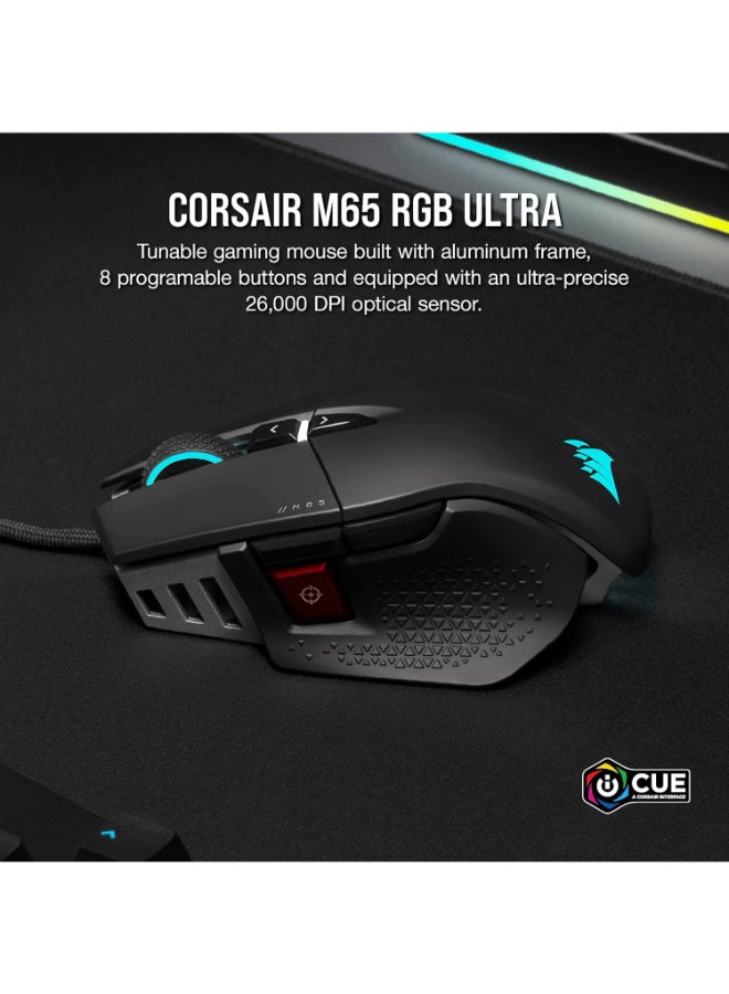 Corsair M65 RGB Ultra Tunable FPS Gaming Mouse Marksman 26,000 DPI Optical Sensor, Optical Switches, AXON Hyper-Processing Technology, Sensor Fusion Control, Tunable Weight System - Black