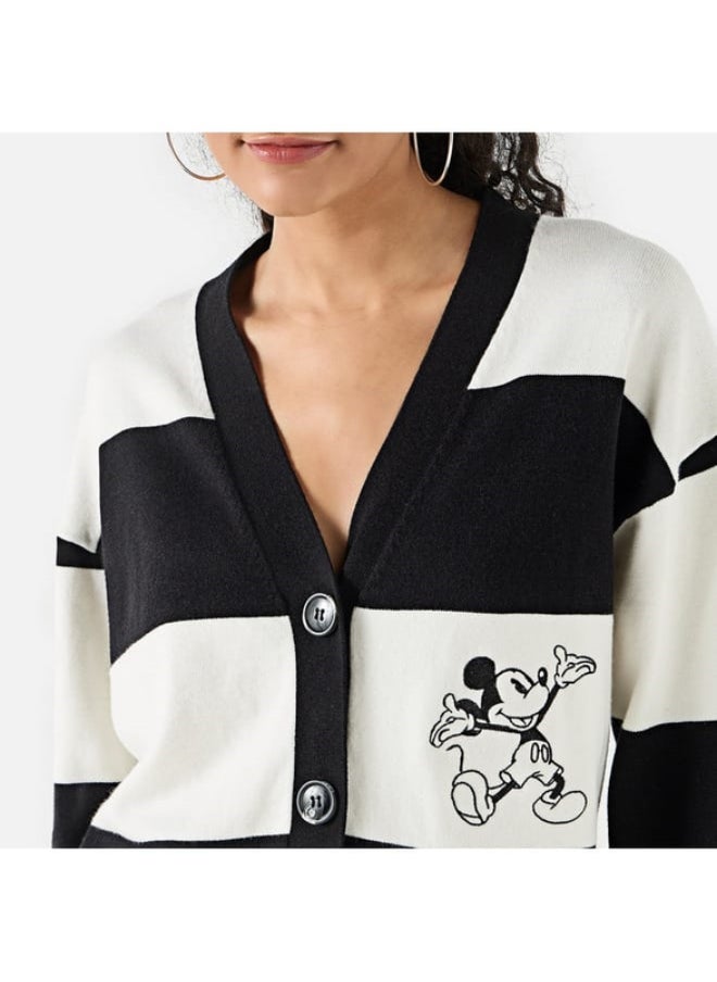 Mickey Mouse Print Longline Cardigan with Long Sleeves and Pockets