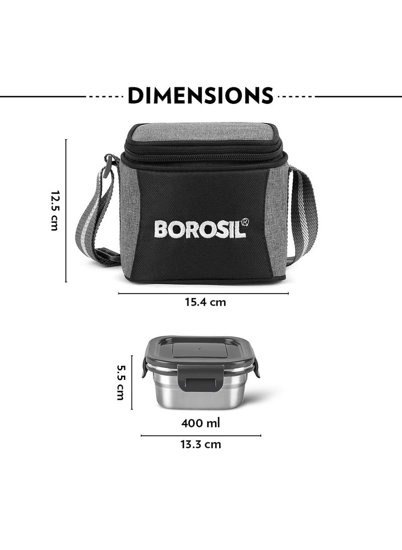 Borosil Feast Stainless Steel Lunch Box with Bag | Set of 2 (400 ml Each), Square | Tiffin Box for Office, School & College, Vertical