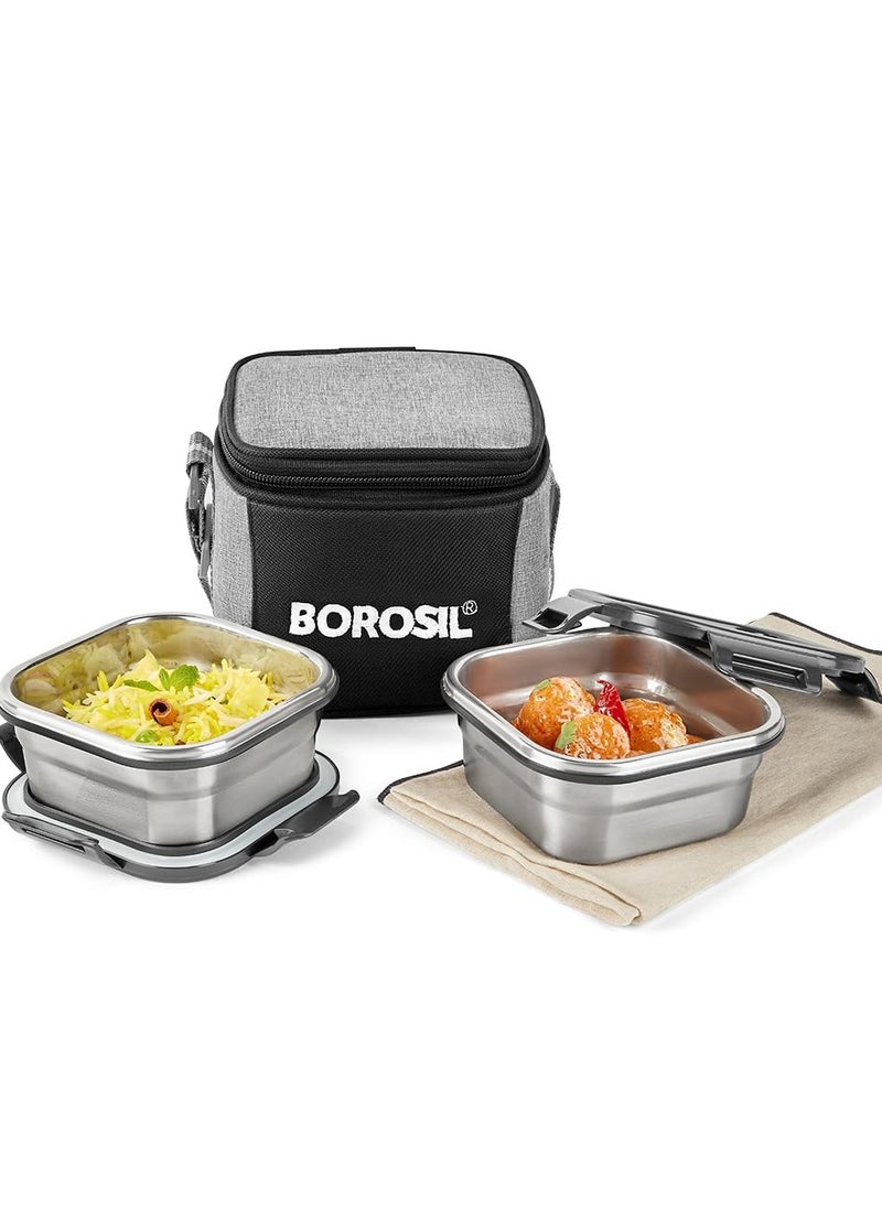 Borosil Feast Stainless Steel Lunch Box with Bag | Set of 2 (400 ml Each), Square | Tiffin Box for Office, School & College, Vertical