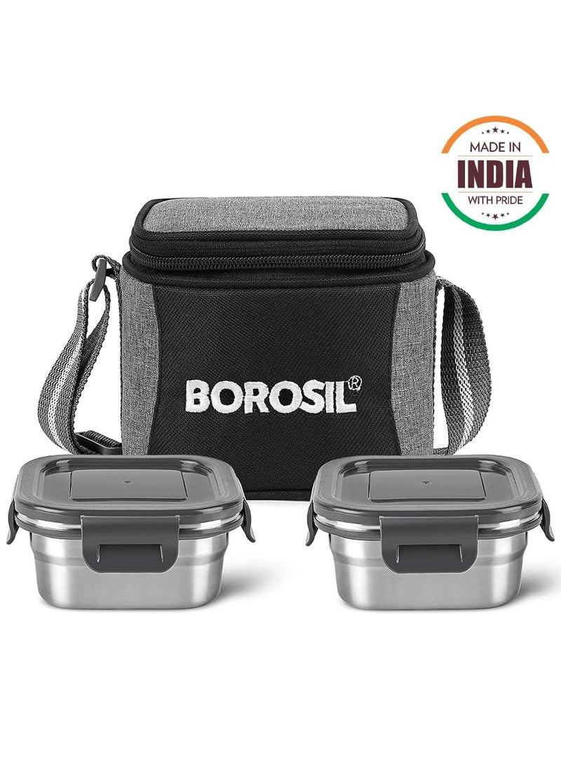 Borosil Feast Stainless Steel Lunch Box with Bag | Set of 2 (400 ml Each), Square | Tiffin Box for Office, School & College, Vertical