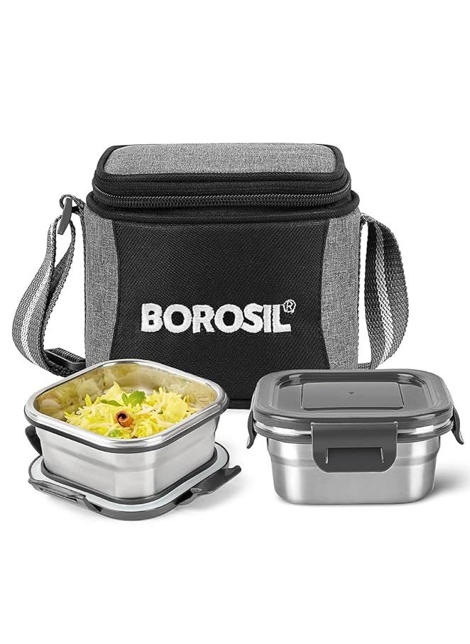 Borosil Feast Stainless Steel Lunch Box with Bag | Set of 2 (400 ml Each), Square | Tiffin Box for Office, School & College, Vertical