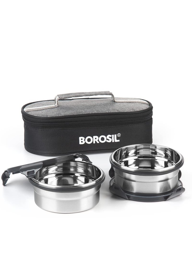 Borosil Feast Stainless Steel Lunch Box with Carry Bag, Set of 2 (400 ml Each), Lunch Boxes for Office, School & College, Horizontal