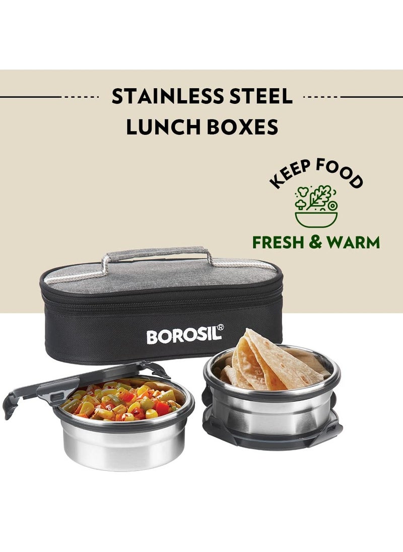 Borosil Feast Stainless Steel Lunch Box with Carry Bag, Set of 2 (400 ml Each), Lunch Boxes for Office, School & College, Horizontal