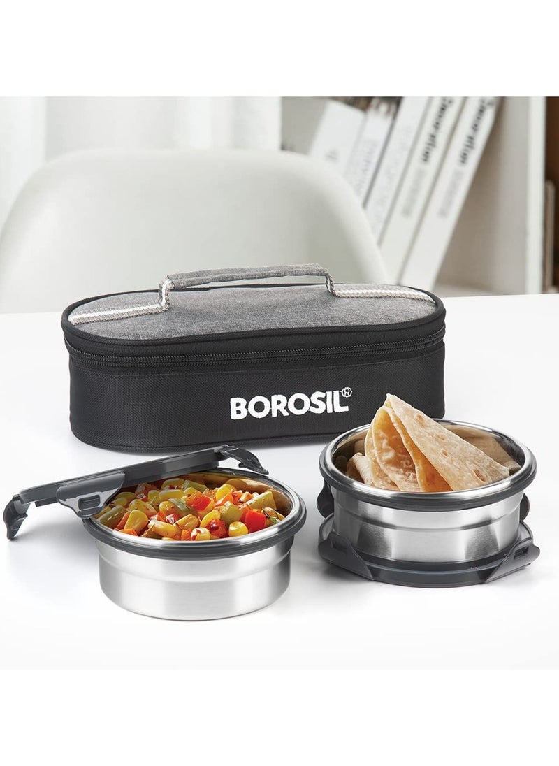 Borosil Feast Stainless Steel Lunch Box with Carry Bag, Set of 2 (400 ml Each), Lunch Boxes for Office, School & College, Horizontal