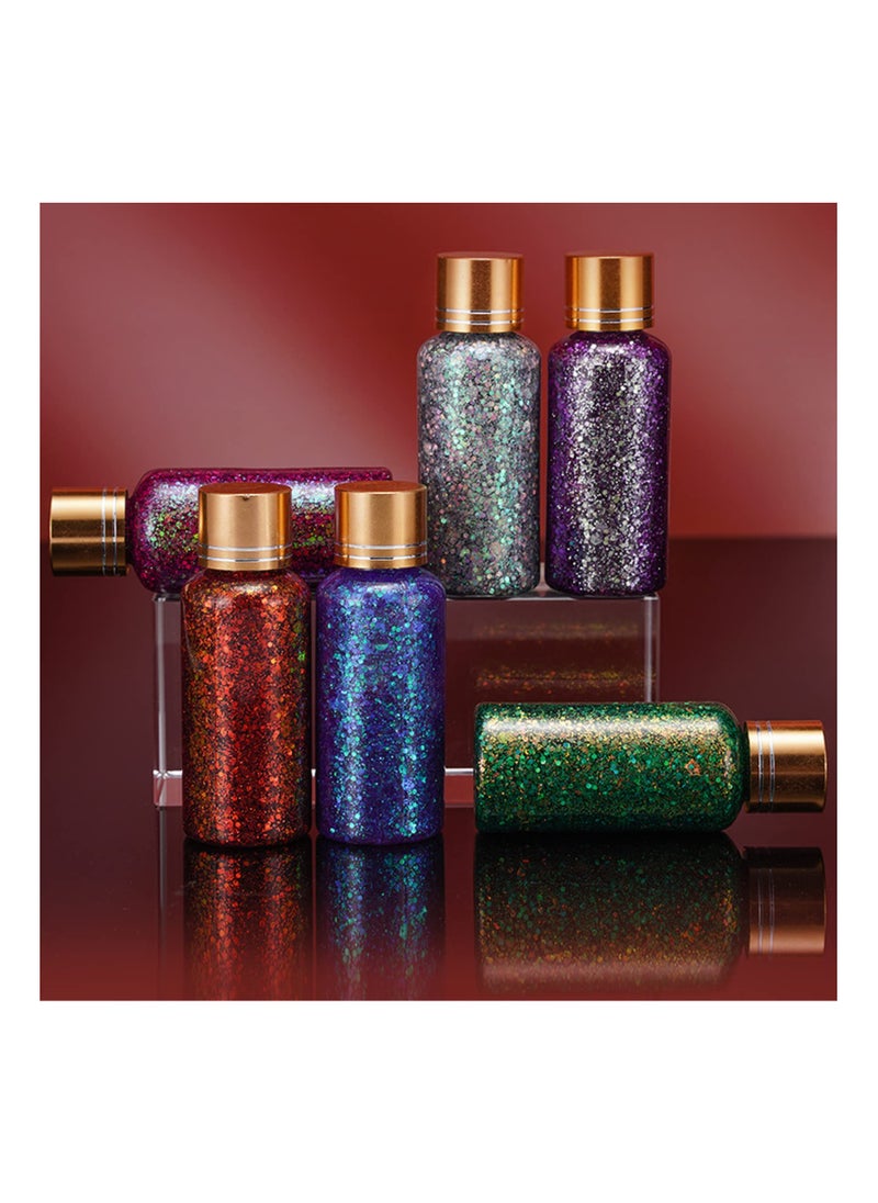 6 Bottles of Mermaid Sequins, Chunky Glitter Body Gel Liquid Eyeshadow Festival Glitter Cosmetic Face Hair Nails Makeup Long Lasting Sparkling