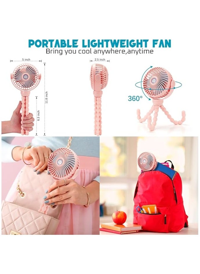 Upgraded Portable Baby Stroller Fan, 360°Rotate Rechargeable Mini Clip on Fan with Flexible Tripod for Treadmill Crib Car Seat Travel, 4000mAh Battery Powered Handheld Fan (Pink)